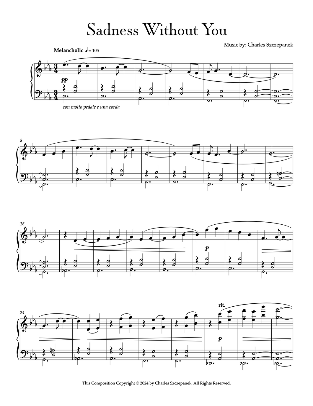 Sadness Without You - Sheet Music for Solo Piano